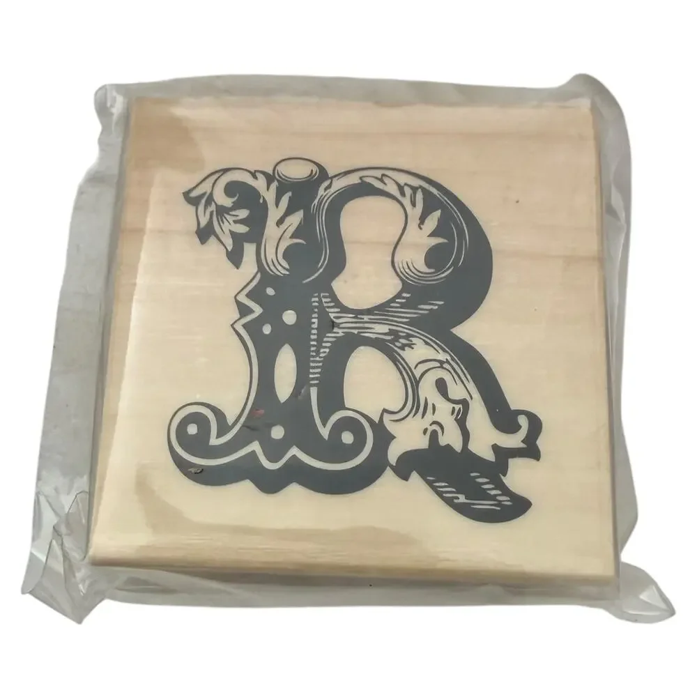 Ornate Decorative Letter R Monogram Wood Mounted Rubber Stamp